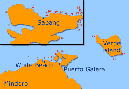 Map of the main dive sites in Puerto Galera